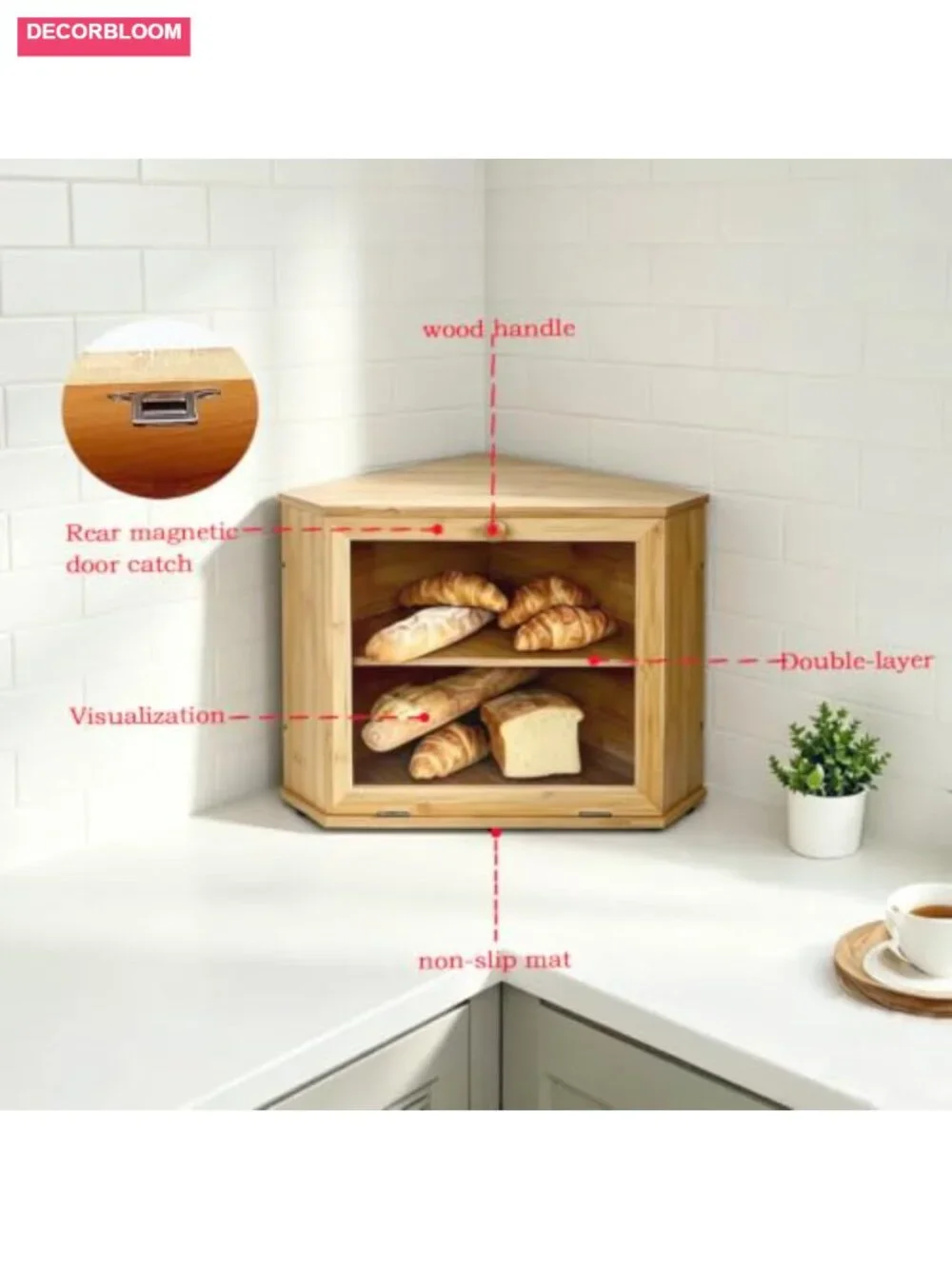 2-Tier Corner Bread Box Natural Bamboo Kitchen Countertop Storage